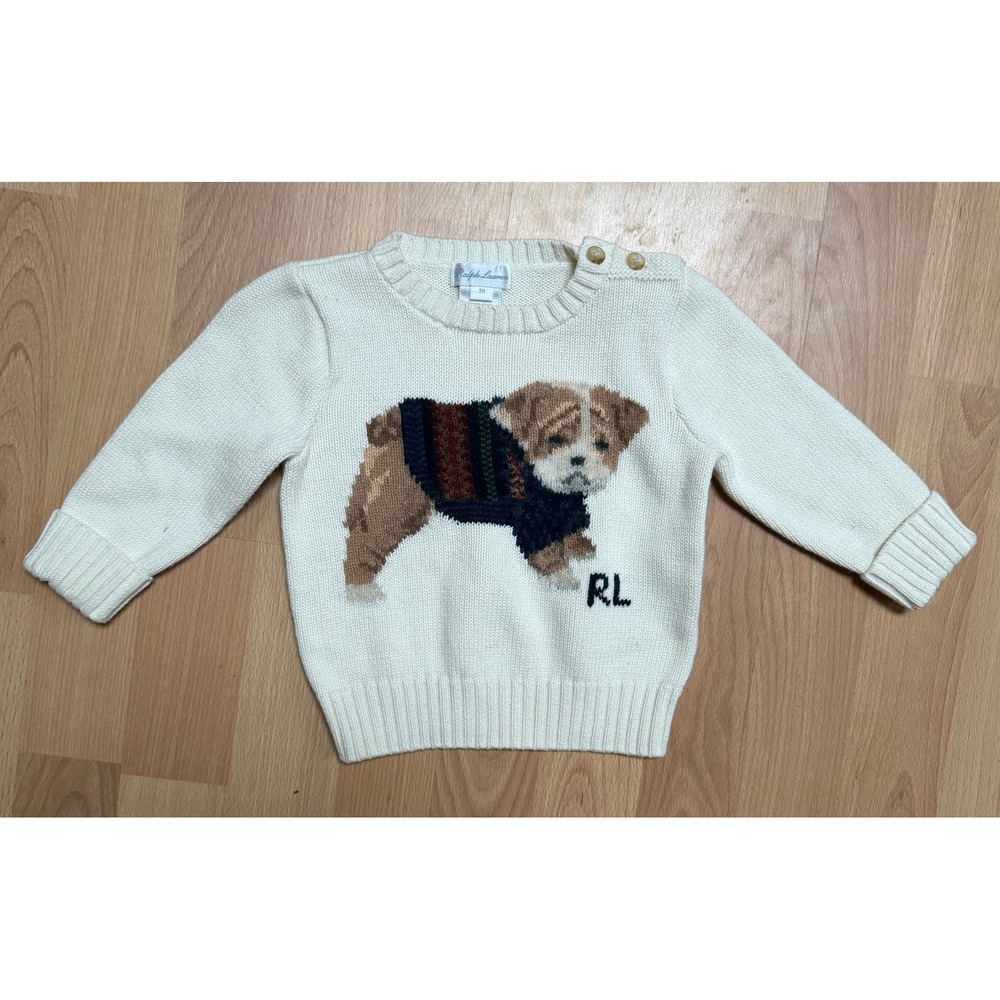 • Ralph Lauren Infant Dog Intarsia Crewneck Shoulder Button Sweater Bulldog